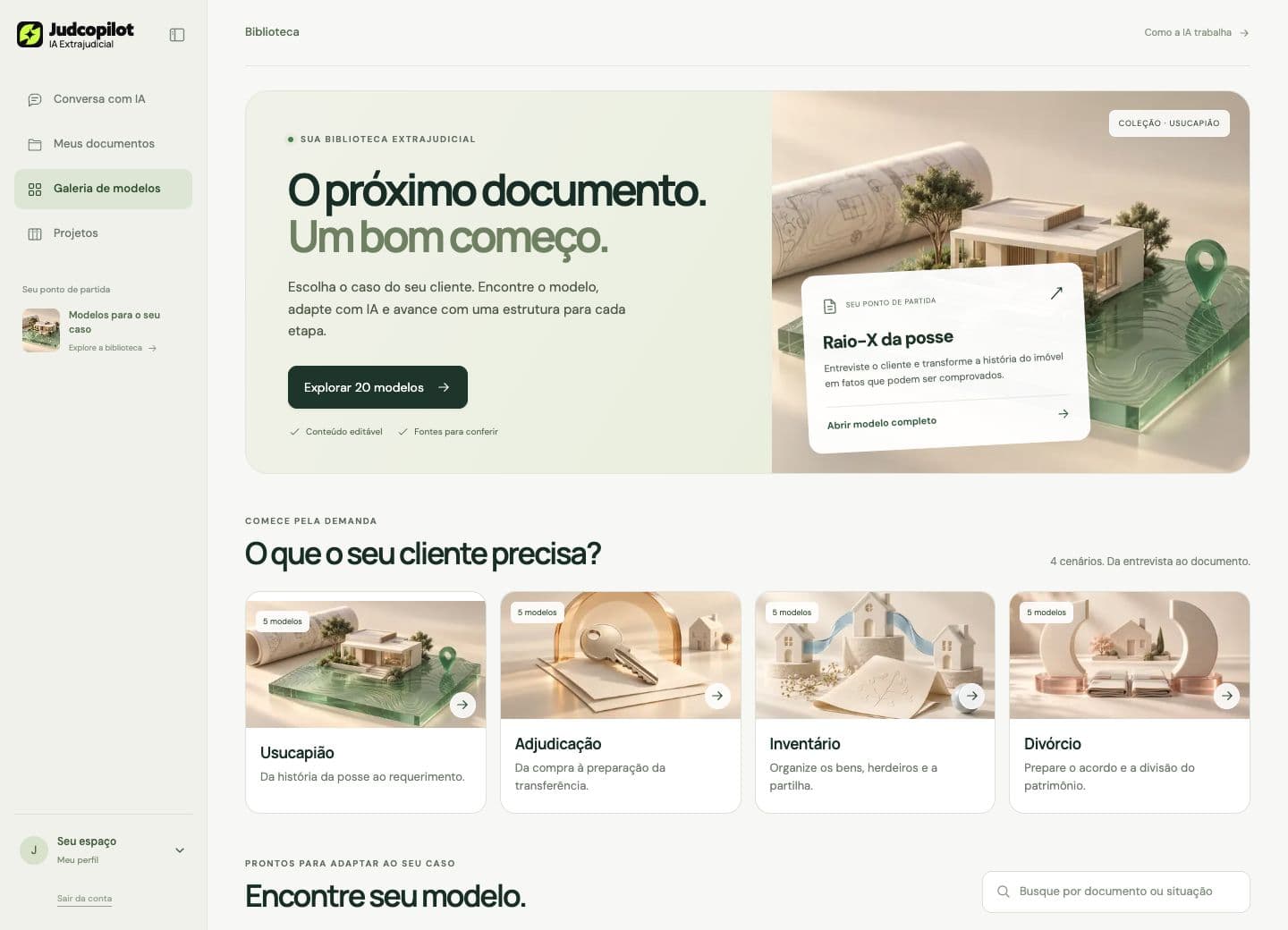 Tela real da galeria JudCopilot com modelos para usucapião, adjudicação, inventário e divórcio